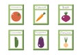 a set of packs of tomato, carrot, beet, cucumber, eggplant, onion seeds