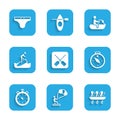 Set Paddle, Kitesurfing, Canoe rowing team sports, Compass, Stopwatch, Surfboard, Jet ski and Swimming trunks icon