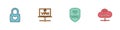 Set Padlock with heart, VPN Computer network, Shield wireless and Network cloud connection icon. Vector