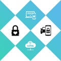 Set Padlock with heart, VPN Network cloud connection, Two steps authentication and Smart car security system icon Royalty Free Stock Photo