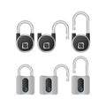 Set of padlocks with fingerprint scanner. A modern padlock is opened with a fingerprint. Isolated. Vector