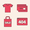 Set Page with a 404 error, T-shirt, Credit card and Shoping bag with Sale icon. Vector Royalty Free Stock Photo