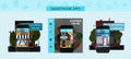 A set of pages for mobile app stores. Vector cartoon illustration. Ads for an online candy store, toy store, and