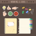 Set of pages notebook with stickers, colored tape, staples. Template for school accessories, scrapbook, wrapping