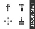 Set Paint brush, Calliper or caliper and scale, Wheel wrench and Hammer icon. Vector Royalty Free Stock Photo