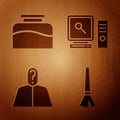 Set Paint brush, Inkwell, Anonymous with question mark and Search on computer screen on wooden background. Vector
