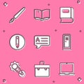 Set Paint brush, Open book, Book, Pencil, Speech bubbles with Answer, Locker or changing room, Timing belt kit and Royalty Free Stock Photo