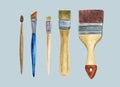 Set of Paint Brushes isolated on gray background. Art supplies. Tools for painting. Hand drawn watercolor illustration