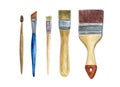 Set of Paint Brushes isolated on white background. Art supplies. Tools for painting. Hand drawn watercolor illustration Royalty Free Stock Photo