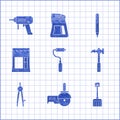 Set Paint roller brush, Angle grinder, Snow shovel, Claw hammer, Drawing compass, Cement bag, Pencil with eraser and