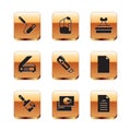 Set Paint roller brush, Business card, Stationery knife, Scanner, Stamp, File document and Printer ink bottle icon