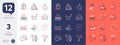 Set of Paint roller, Manual doc and Send mail line icons. For design. Vector