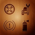 Set Paint spray can, Car wheel, Brake system warning and Car service on wooden background. Vector. Royalty Free Stock Photo