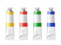 Set of paint tubes with empty template logo. Bottles with acrylic red, yellow, green and blue paint Royalty Free Stock Photo