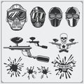 Set of paintball club labels, emblems, symbols, icons and design elements. Paintball equipment. Royalty Free Stock Photo