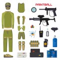 Set of paintball club symbols icons protection uniform and sport game design elements shooting man costume equipment Royalty Free Stock Photo