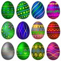 A set of painted Easter eggs with colorful patterns