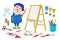 Set of painting objects. Illustration of funny artist and art supplies. Educational and artistic tools elements. Isolated drawings