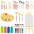 Set of painting tools elements cartoon colorful vector concept. Art supplies: easel, canvas, paint tubes, textile paint, brushes Royalty Free Stock Photo