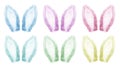 Set of pair of fur furry pastel pink purple blue green yellow bunny rabbit hare ears isolated on transparent cutout, PNG