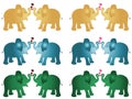 6 Set of Pair of golden blue green colour elephant calf baby cartoon vector illustration with red and pink hearts against white ba Royalty Free Stock Photo