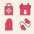 Set Pair of knitted christmas mittens, Christmas paper shopping bag, Calendar and Christmas mitten icon. Vector