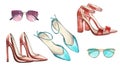 Set red and mint shoes with heels, sunglasses isolated on white. Watercolor hand drawing illustration. Art for fashion
