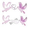 Set of a pair wedding doves with a ribbon in beak