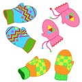 Set of paired colorful patterned winter mittens.Vector illustration