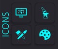 Set Palette, Computer with design program, Paint bucket brush and icon. Black square button. Vector