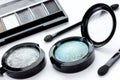 Set pallets with blue and gray eye shadows, brushes for eye make Royalty Free Stock Photo