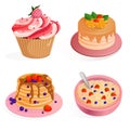 Set of pancakes with blueberries and strawberries, raspberry muffin, muffin, oatmeal with berries, cake. Vector cartoon