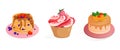 Set of pancakes with blueberries and strawberries, raspberry muffin, muffin, and orange cake. Vector cartoon