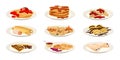 Set of pancakes with different fillings on the plate. Vector illustration on white background.