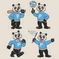 Set of Panda Sport Mascot in Vintage Retro Hand Drawn Style