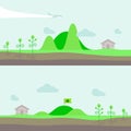 Set of panorama natural landscape with hills, garden and house village. Vector illustration in flat style.