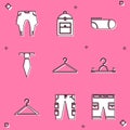 Set Pants, Backpack, Sport socks, Tie, Hanger wardrobe, and Cargo pants icon. Vector