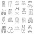 Set of pants, black and white collection of cartoon trousers and overalls