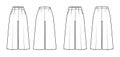 Set of Pants capri technical fashion illustration with low normal waist, high rise, single pleat, calf length, wide legs