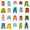 Set of pants, color collection of cartoon trousers and overalls Royalty Free Stock Photo