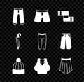 Set Pants, Short or pants, Winter scarf, hat, Undershirt, Skirt, Umbrella and Leggings icon. Vector Royalty Free Stock Photo