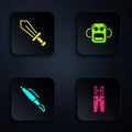 Set Pants with suspenders, Sword for game, Fountain nib and School backpack. Black square button. Vector Royalty Free Stock Photo