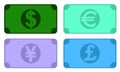 Set of paper banknotes icons. US dollar, euro of the European Union, Japanese yen, British pound. Cash in business. Vector Royalty Free Stock Photo