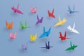 Set of paper birds on blue background.the art of origami