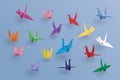Set of paper birds on blue background. the art of origami
