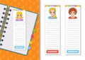 Set of paper bookmarks for books with cute cartoon characters. For kids. Beautiful cute fashionable girls with jewelry. Color Royalty Free Stock Photo