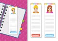 Set of paper bookmarks for books with cute cartoon characters. For kids. Beautiful cute fashionable girls with jewelry. Color Royalty Free Stock Photo