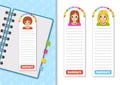 Set of paper bookmarks for books with cute cartoon characters. For kids. Beautiful cute fashionable girls with jewelry. Color Royalty Free Stock Photo