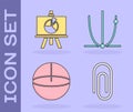 Set Paper clip, Chalkboard with diagram, Geometric figure Sphere and Graph, schedule, chart, diagram icon. Vector