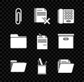 Set Paper clip, Delete file document, Telephone, Document folder, Pencil case stationery, and Note paper with pinned Royalty Free Stock Photo